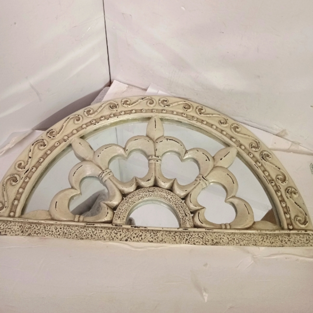 Half Moon Shape Mirror Window Distressed, Beige & Brown Metal Fleur-de-lis